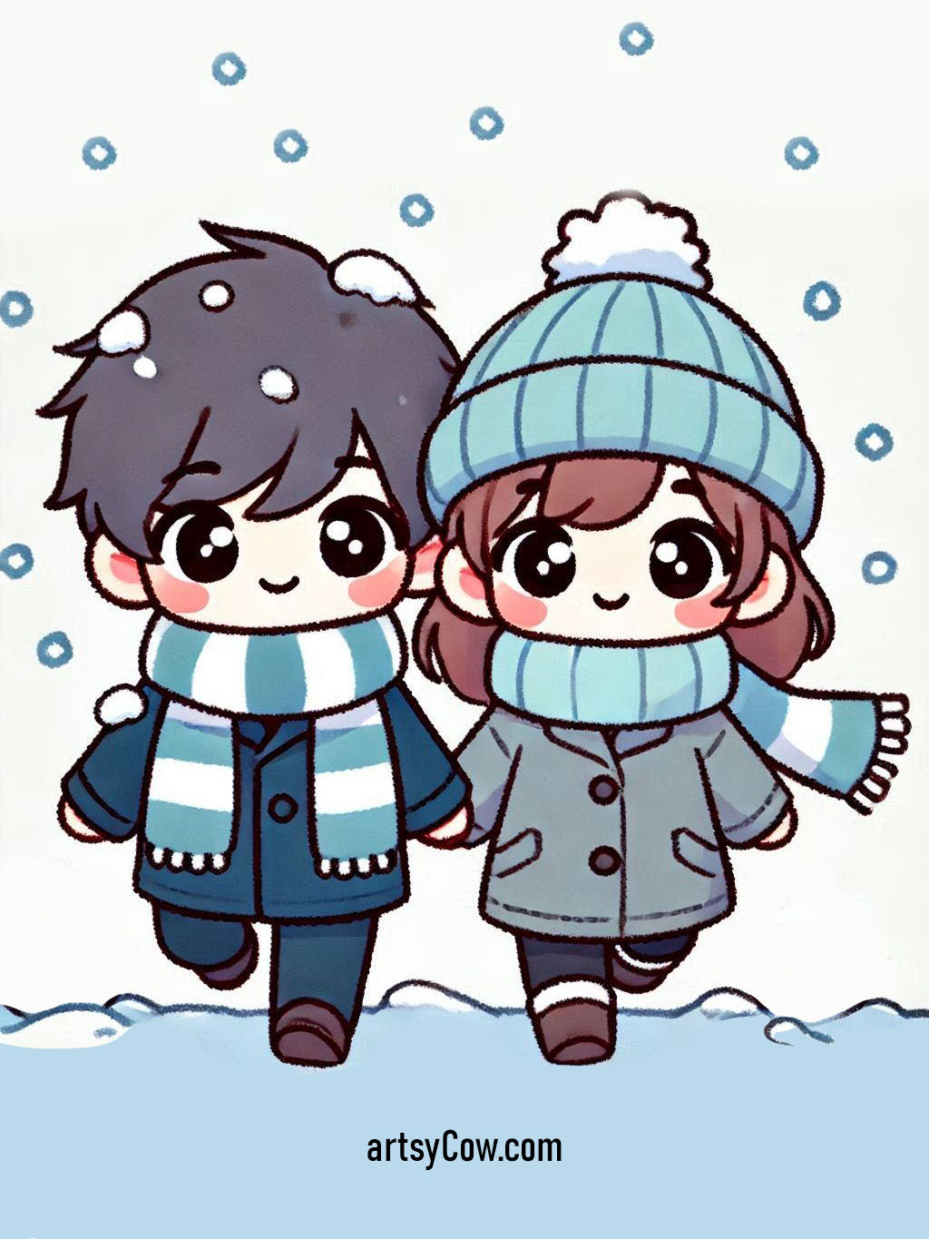 Valentines drawings with couple walking hand in hand through a snowy landscape, dressed warmly in matching hats and scarves, surrounded by gently falling snowflakes.